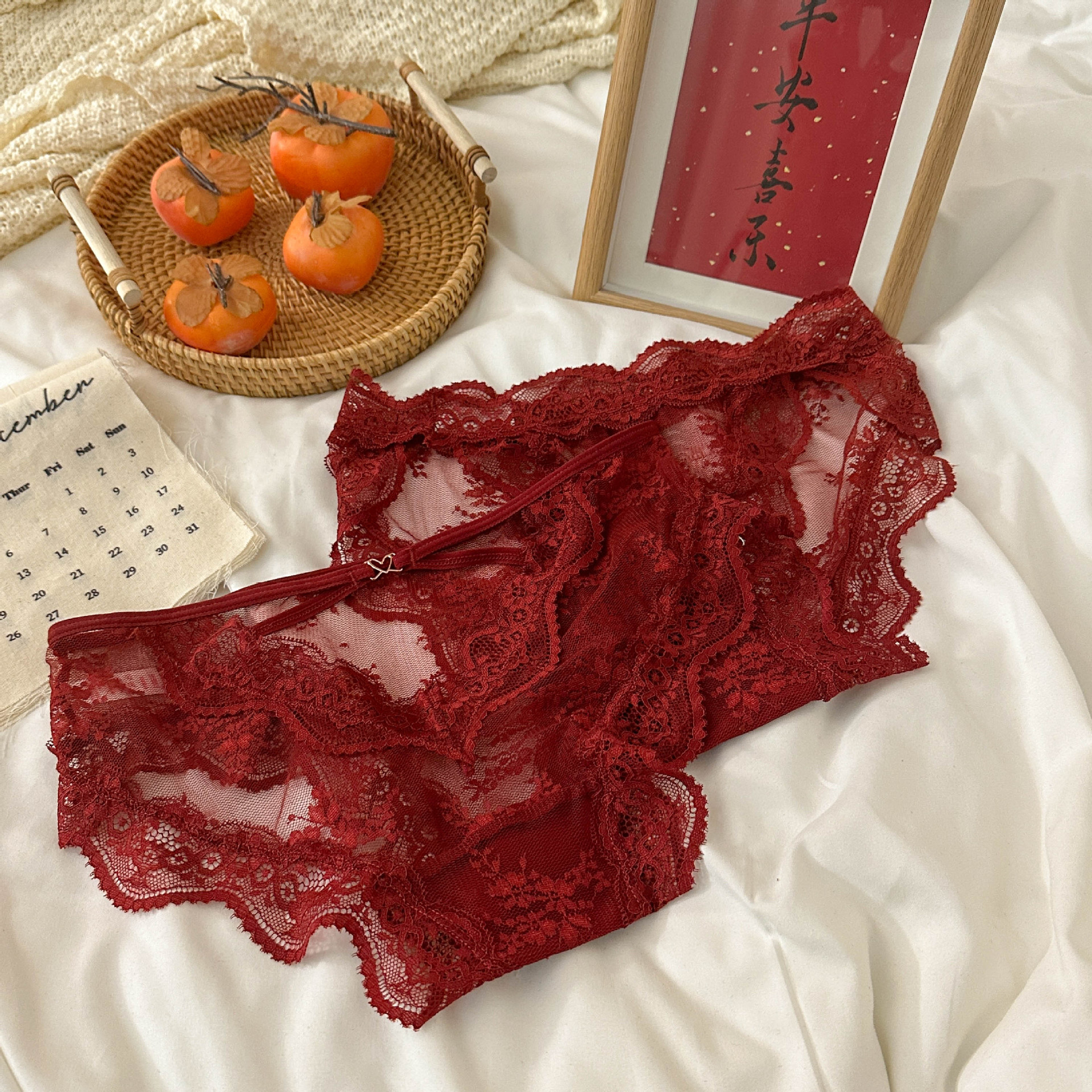 Zodiac year combination ~ Red underwear, lace, sexy ladies, pure cotton, breathable and comfortable triangle pants, New Year underwear pic 9