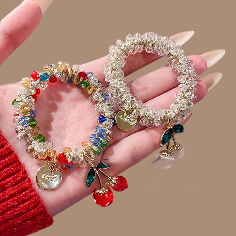 2025新潮水钻发绳两用头饰彩色手链皮筋扎马尾闺蜜款樱桃发圈女饰品发饰头饰详情3