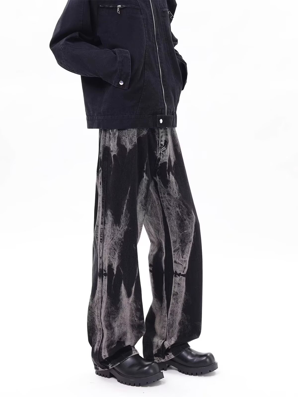 FUIV 扎染水洗垂感牛仔裤男女新款渐变宽松显瘦直筒阔腿拖地裤子详情10