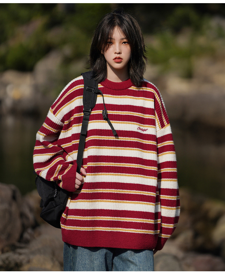 Retro color-blocking striped chunky knit sweater for both men and women, Japanese loose trendy round-neck knitted sweater jacket for autumn and winter pic 20