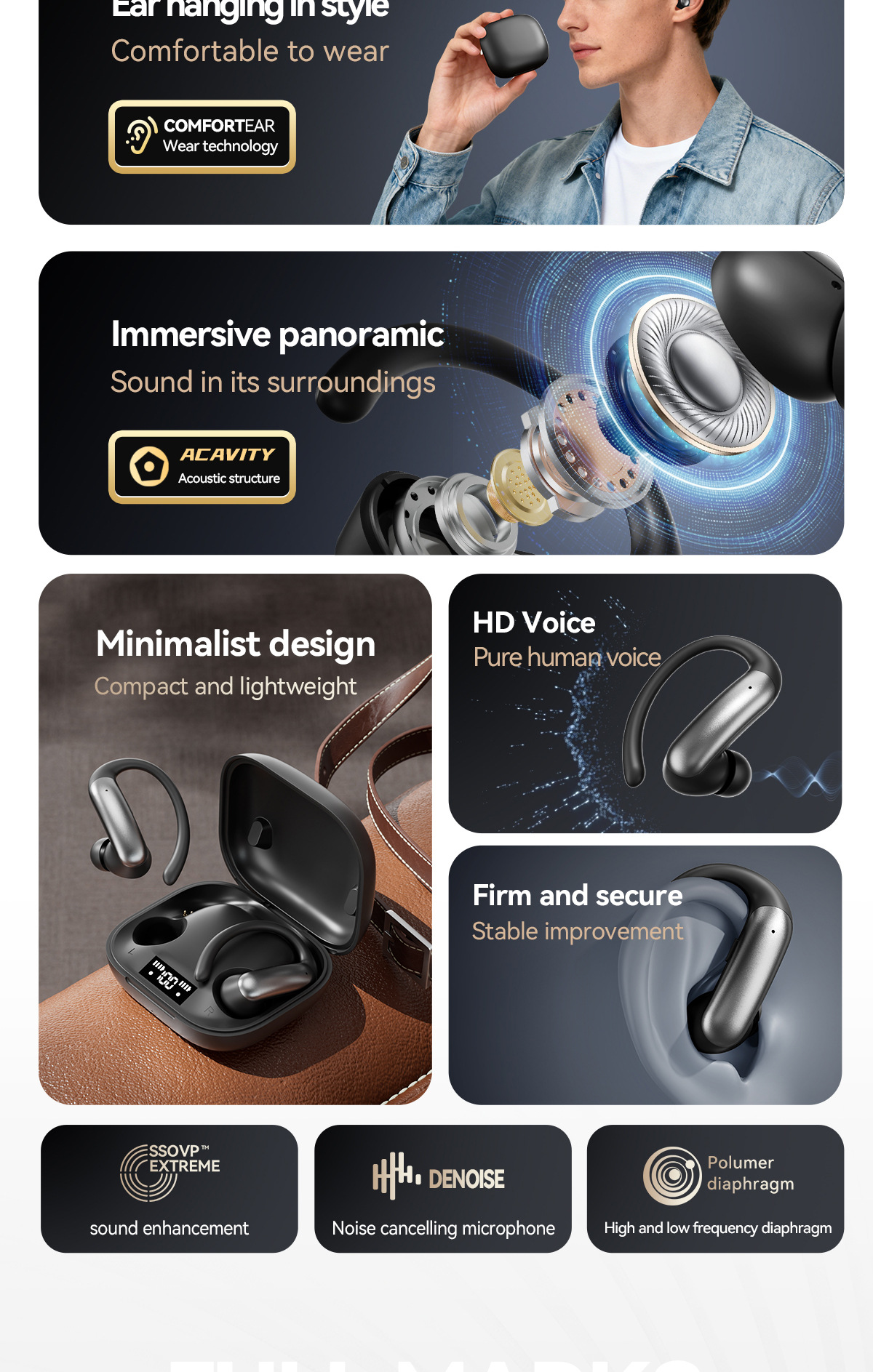 Nuevo producto smart crossover nuevo M144 orejar montado OWS semi-en el oído abierto bluetooth auriculares con doble pantalla de número modelo privado pic 6