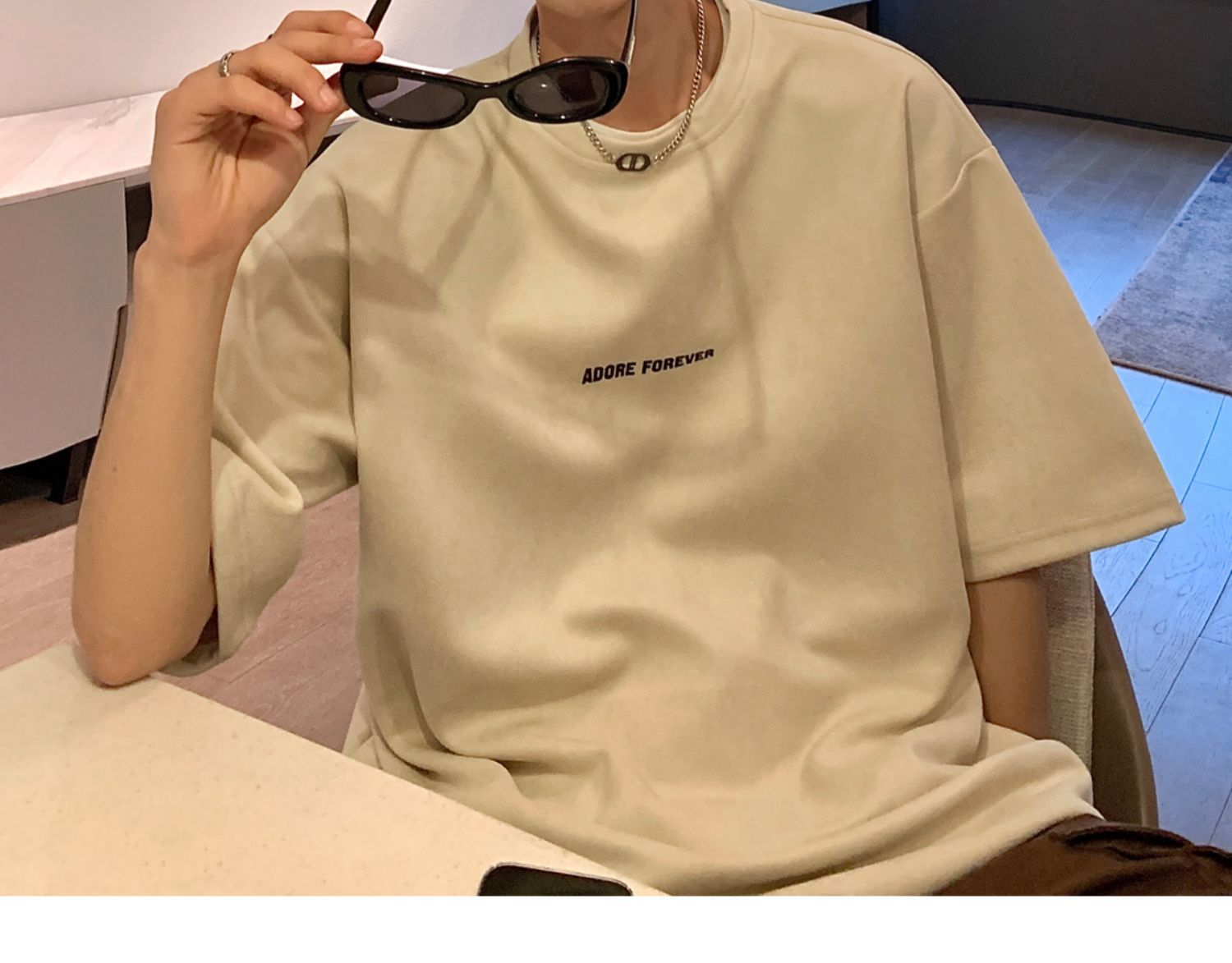 Avocado Green 320g heavyweight T-shirt for men, American retro suede short-sleeved, oversized small collar, three-quarter sleeve pic 31