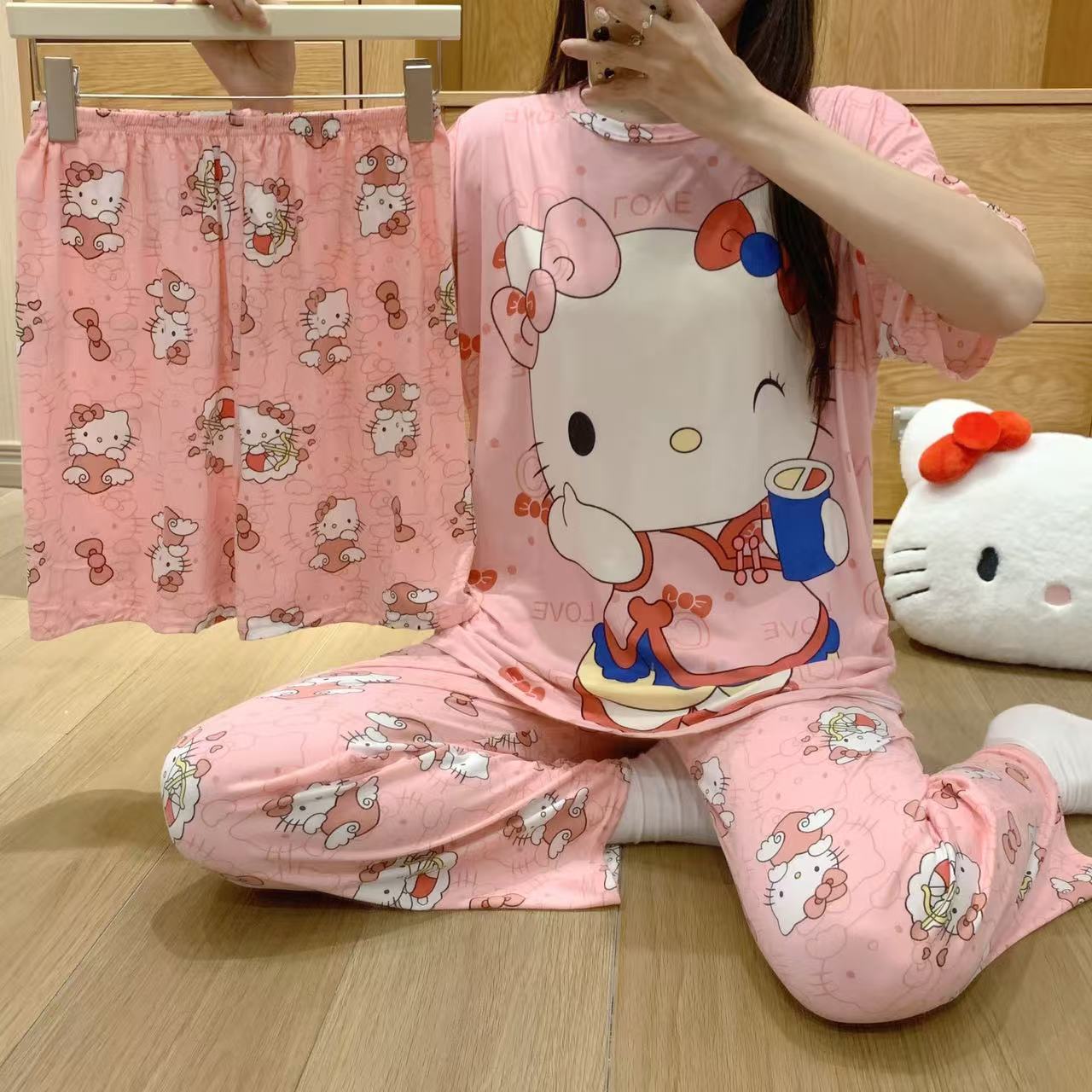 pajamas外贸工厂批发卡通夏季睡衣女短袖大码长裤三件套家居套装详情13