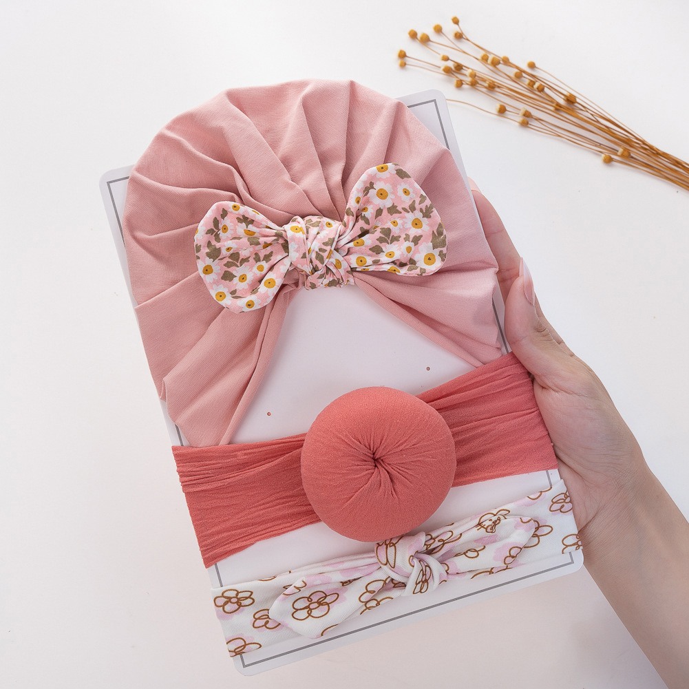 欧美新款新生婴儿帽子发带套装两件套0-12个月宝宝套头帽印度帽详情9