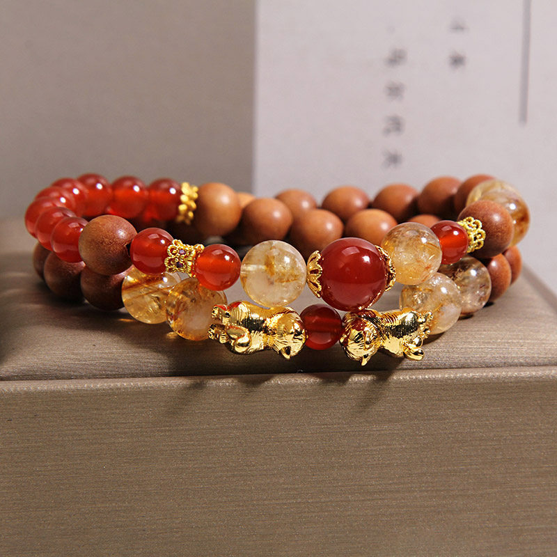 Natural red agate and agarwood double-ring bracelet for women, light luxury, niche and high-end feel, yellow tower crystal wealth attraction cat bracelet pic 3
