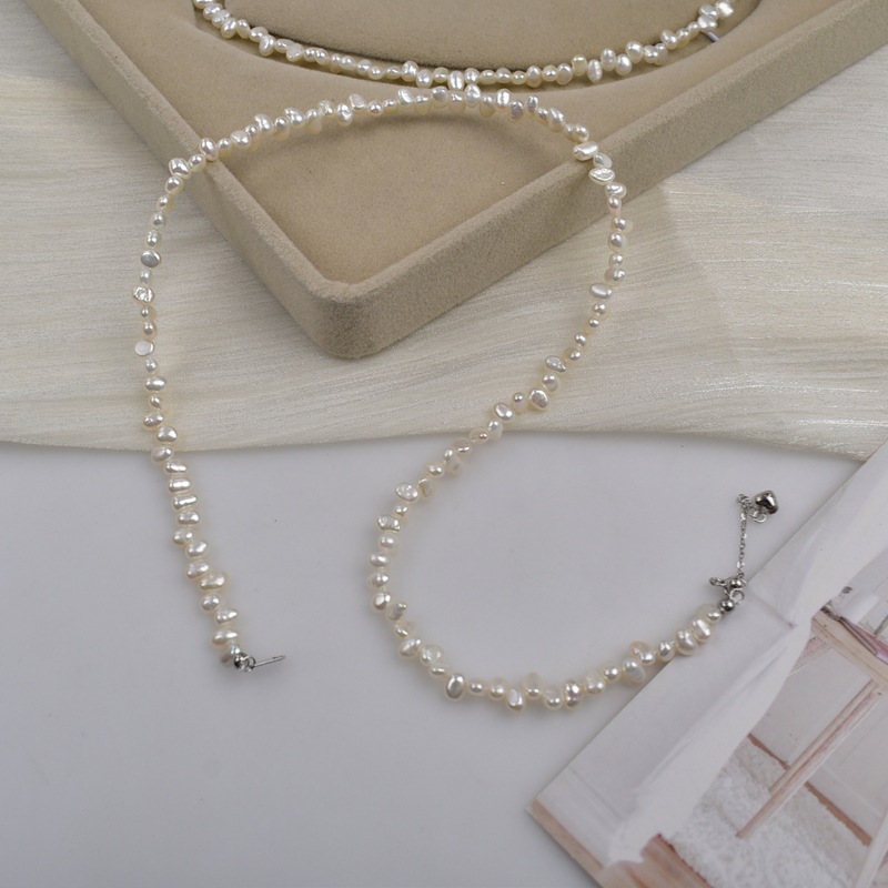 Misaligned hole small particle natural freshwater Baroque small pearl necklace for women, 925 sterling silver niche collarbone chain wholesale pic 8