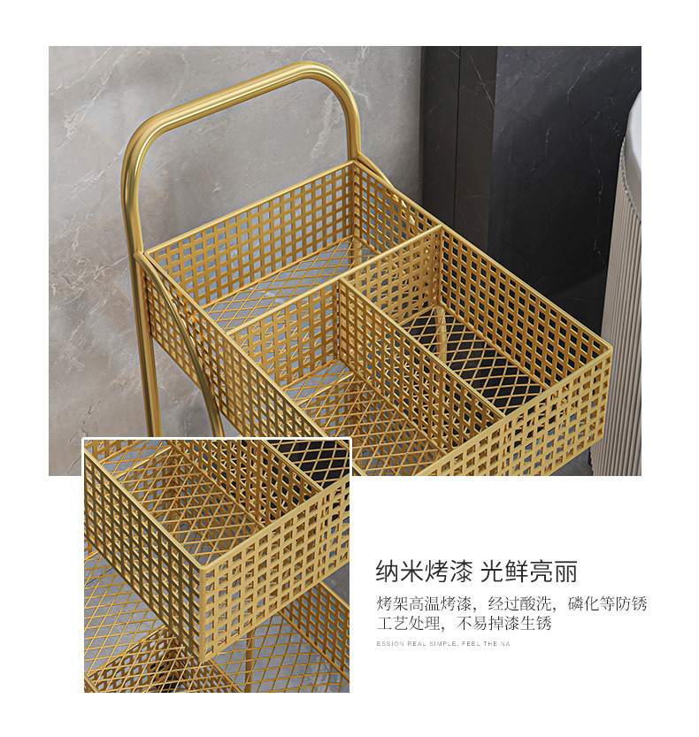 Nordic ironwork shelving, bedroom and kitchen metal Internet celebrity, movable bathroom storage rack, ins wheeled trolley pic 13