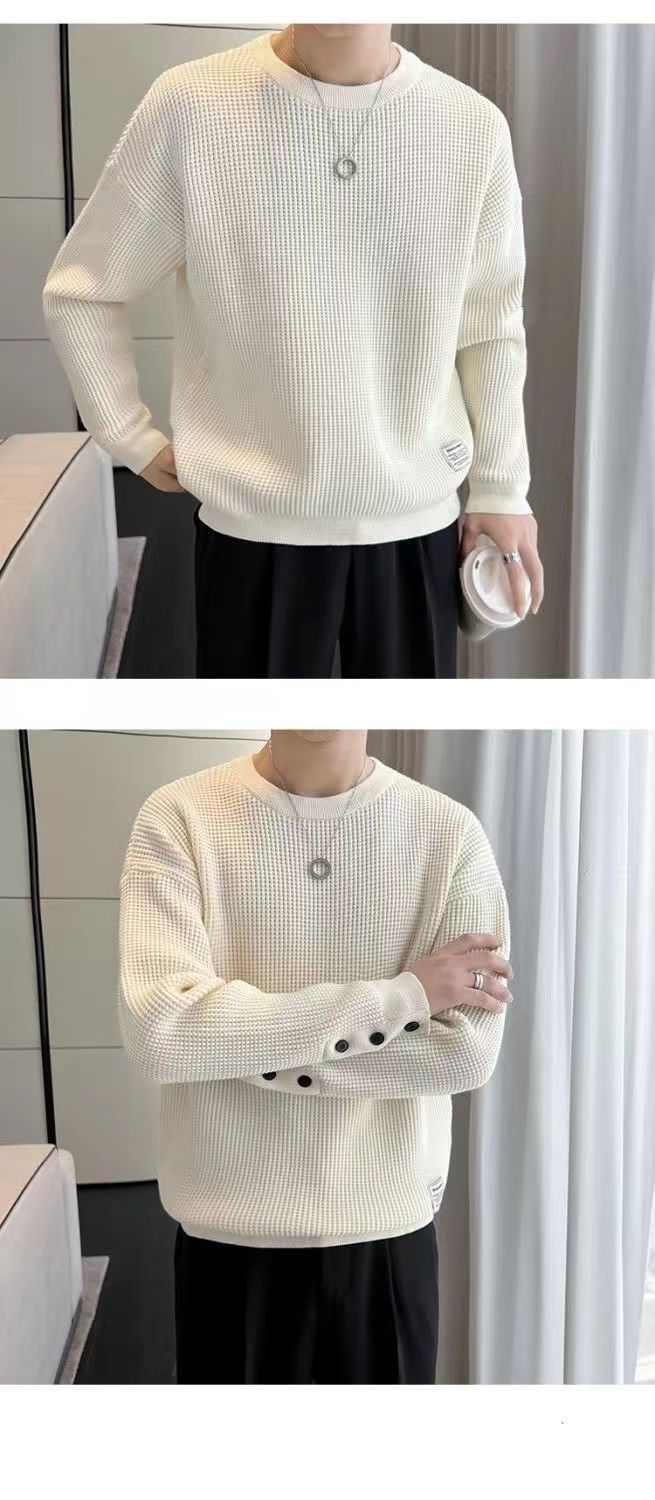 A beige laid-back style top for men, a high-end design for spring and autumn, a long-sleeved shirt from a trendy brand, paired with a round-neck base layer pic 8