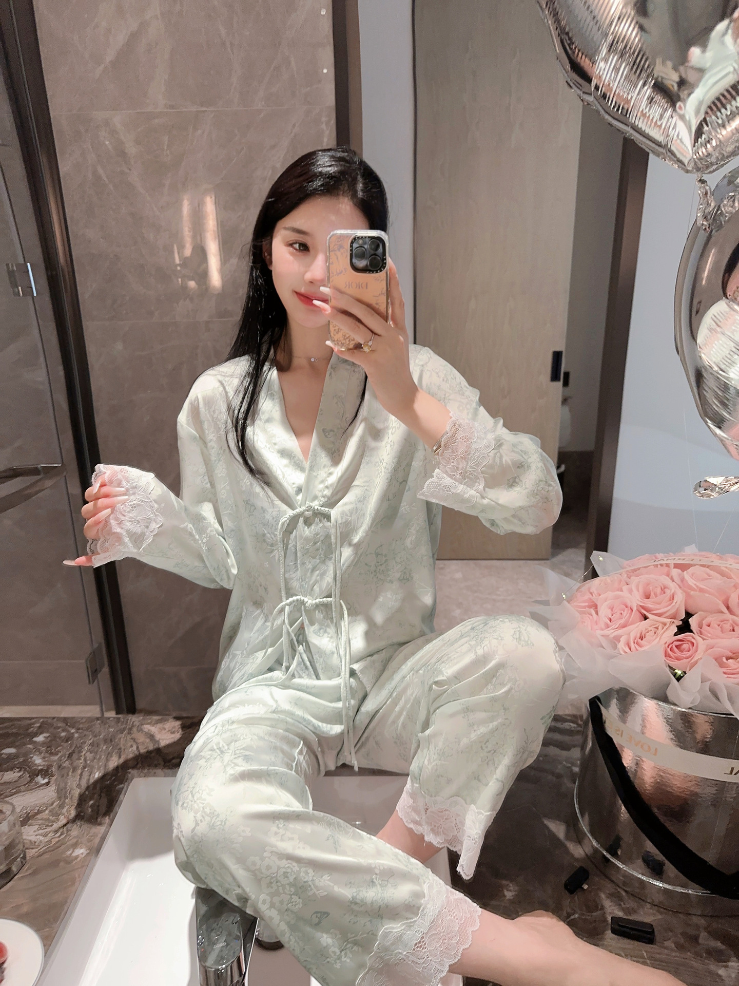 国潮Yase【宫廷风林】国潮睡衣女冰丝花卉新中式盘扣春秋季长袖家居服详情6