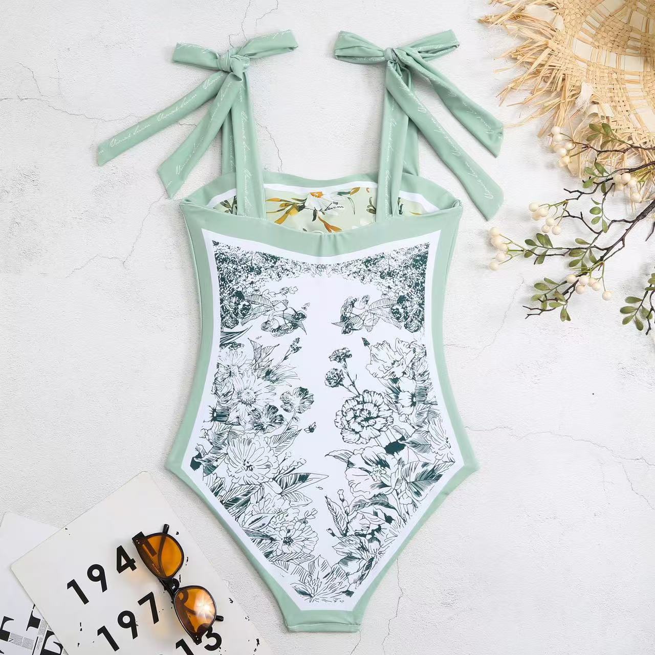 跨境双面印花连体泳衣复古风小清新抹胸系带连体泳装2024外贸新款详情9