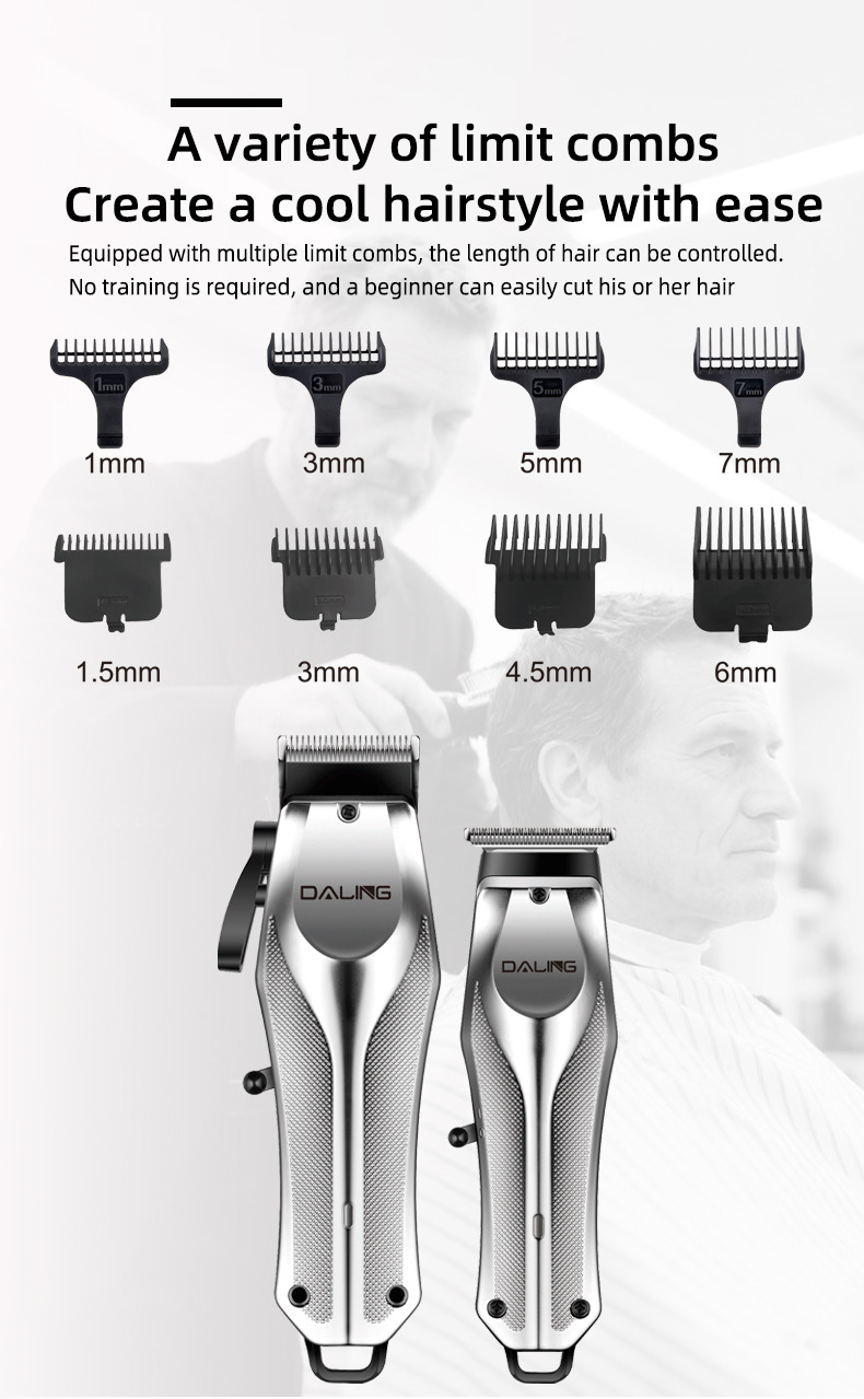 DALING 9315 Hair Clipper Set, gradient body, USB charging port, electric pusher, Professional hair clipper pic 11
