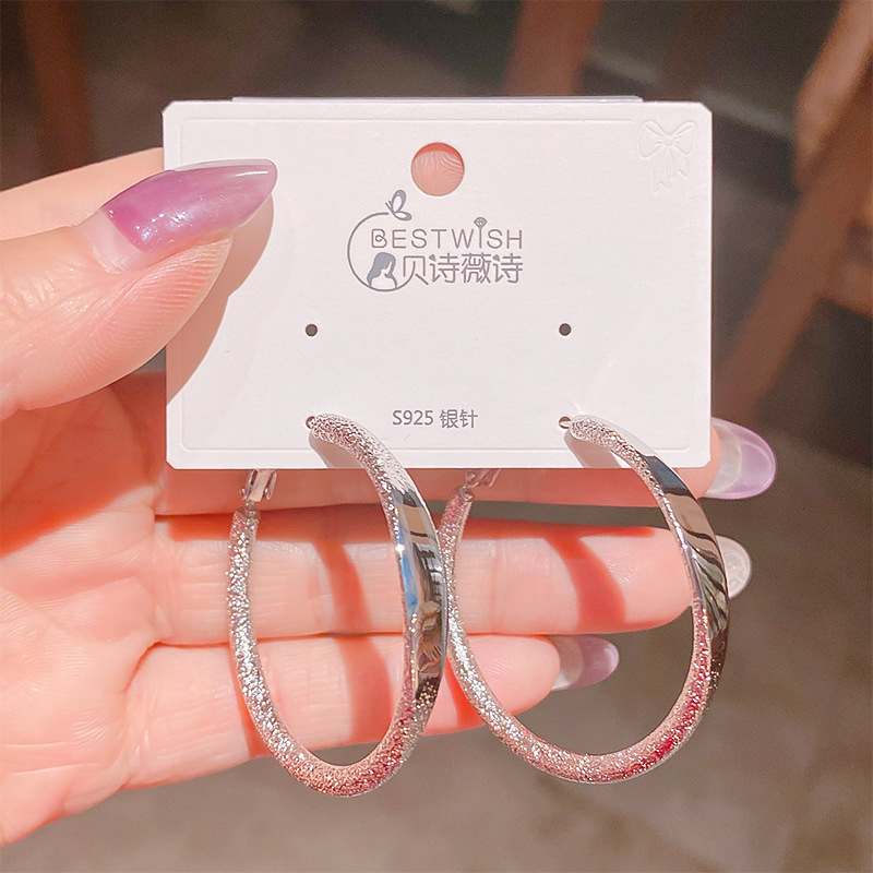 925银针冷淡风金属圆圈磨砂光面耳环女 时尚个性耳圈耳钉百搭耳饰详情6