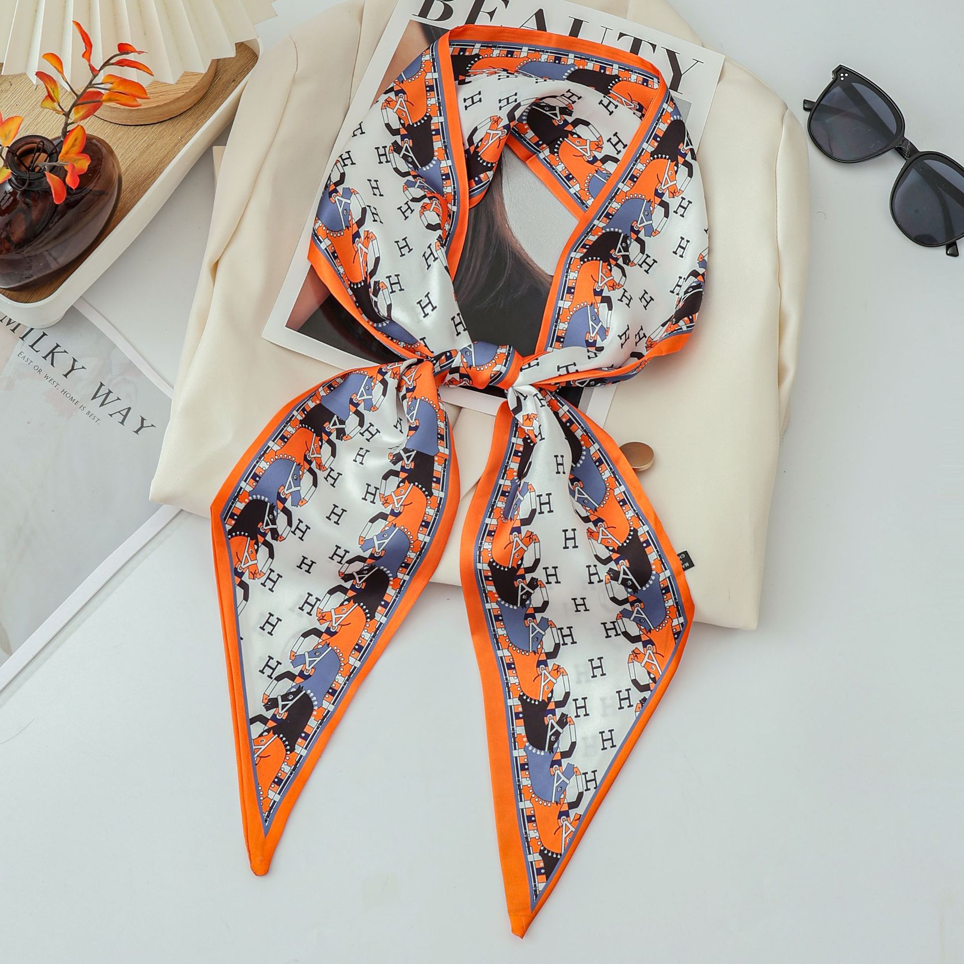 High-end faux silk diagonal neckerchief, long hair tie, versatile twill printed neckerchief ribbon, double-sided pic 2