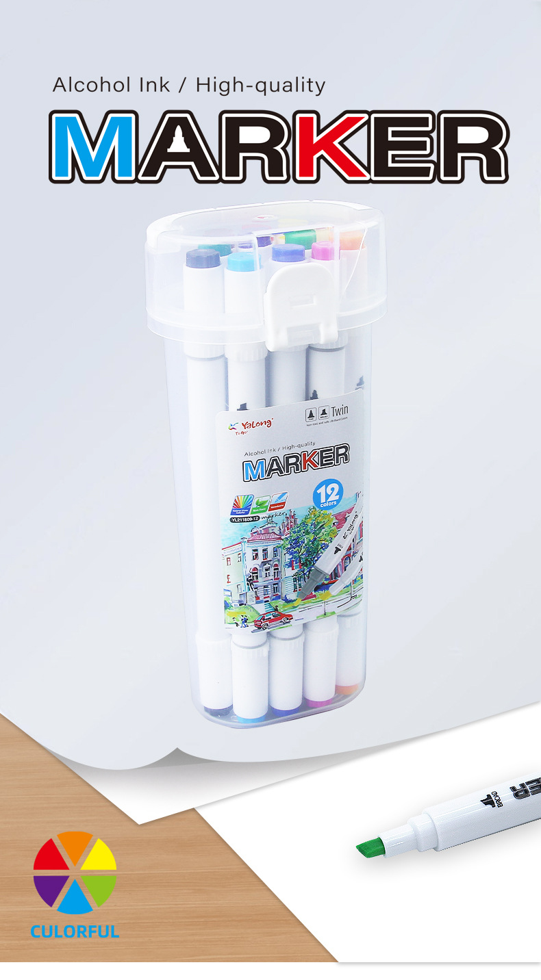 Yalong Cross-border 12-color alcohol ink marker pen double-brush nib bucket marker pen is used for drawing and marking pic 1