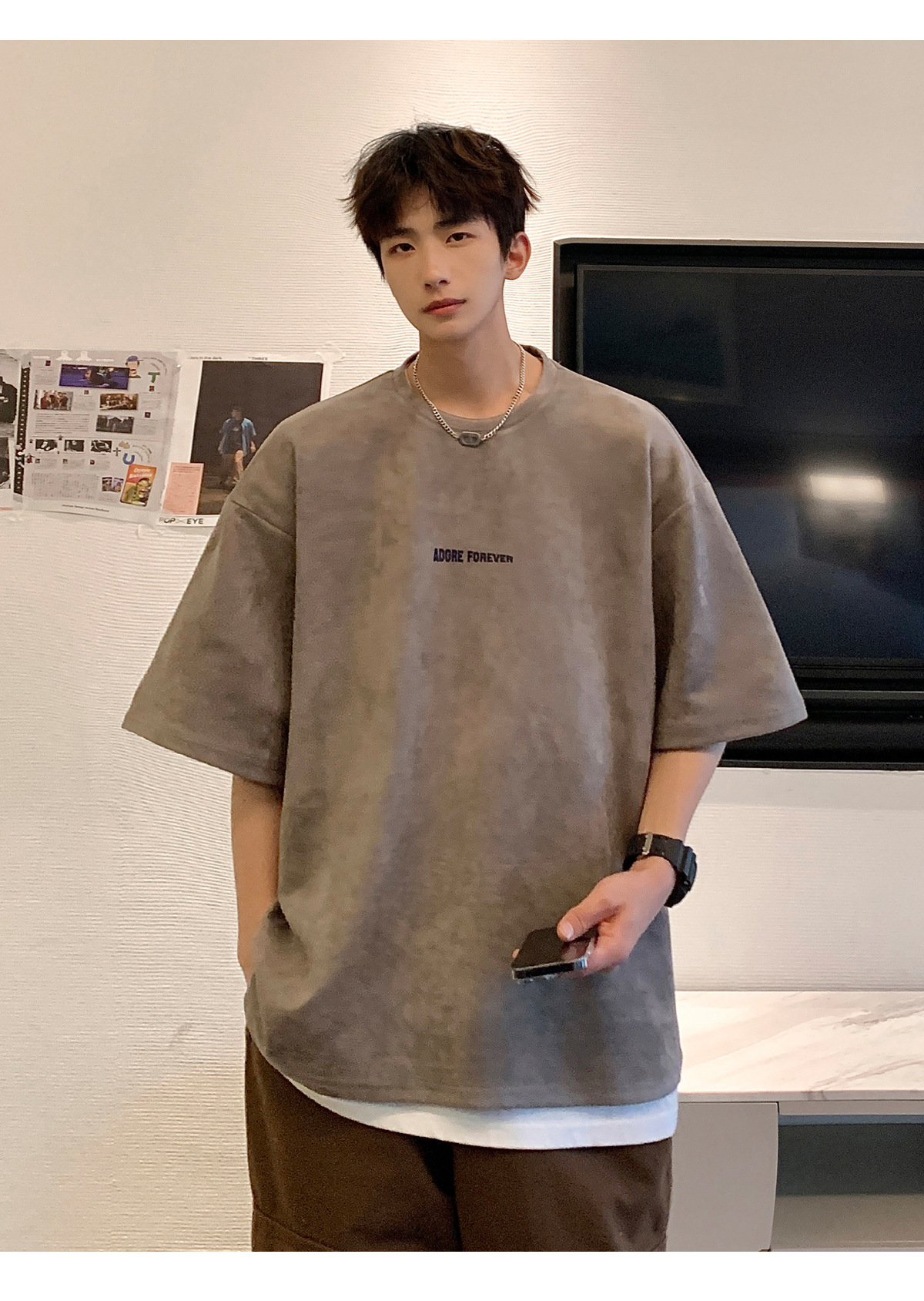 Avocado Green 320g heavyweight T-shirt for men, American retro suede short-sleeved, oversized small collar, three-quarter sleeve pic 24