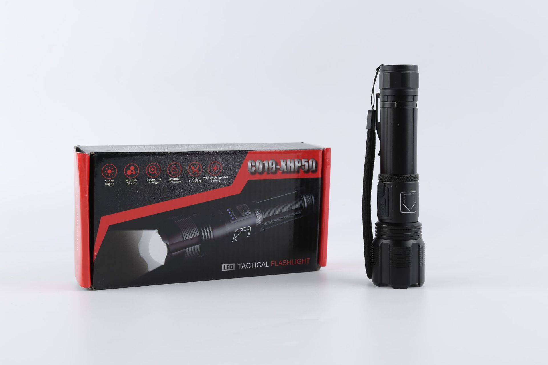 跨境新款XHP50远射USB充电便携手电COB聚光手电户外强光变焦电筒详情12