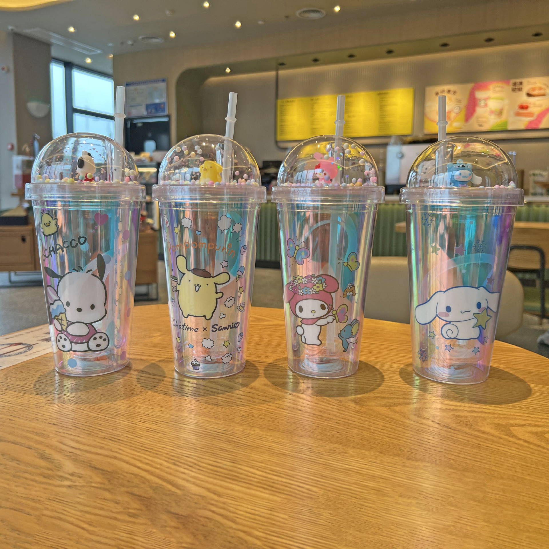 外贸新款三丽鸥镭射塑料吸管杯批发双层碎冰杯卡通塑料杯观景杯子详情5