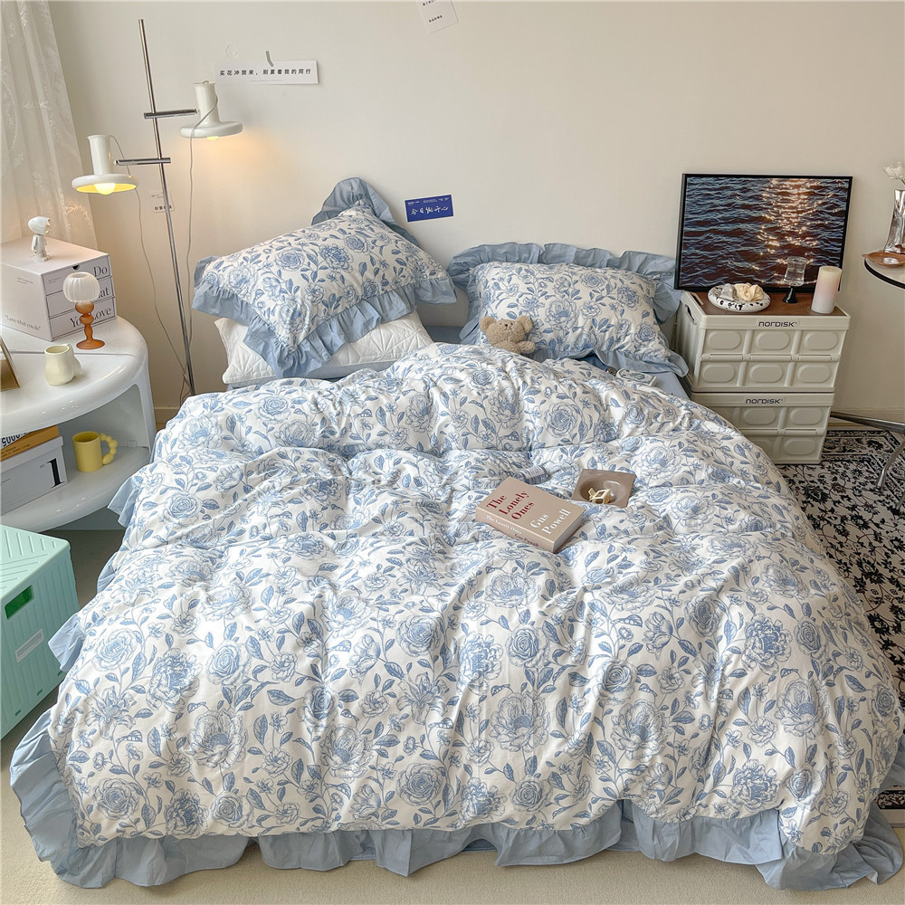 French Hepburn style pure cotton four-piece set, high-end feel, pure cotton black and white sketch flower duvet cover, all-cotton edge bedding pic 51