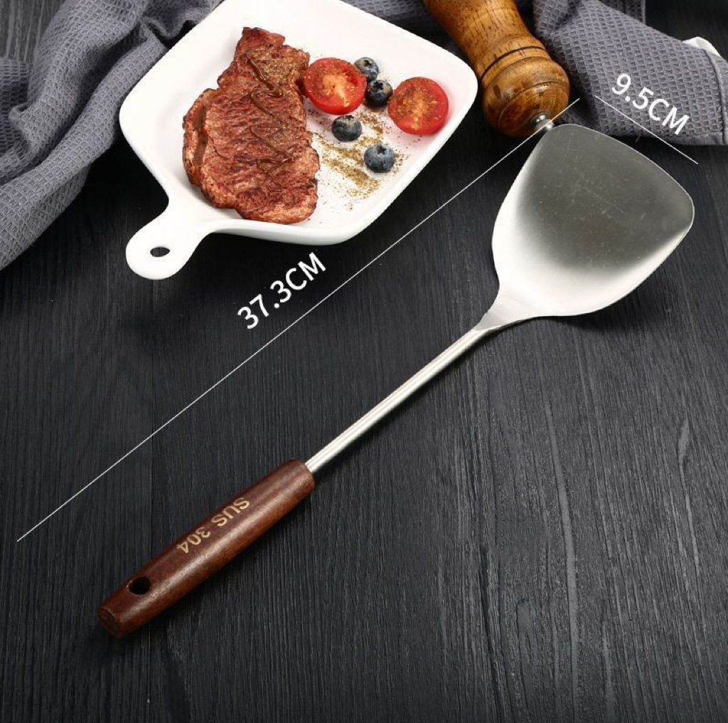 304 stainless steel spatula for household kitchen, thickened iron frying spatula, strainer, wooden handle, anti-scald kitchenware set pic 7