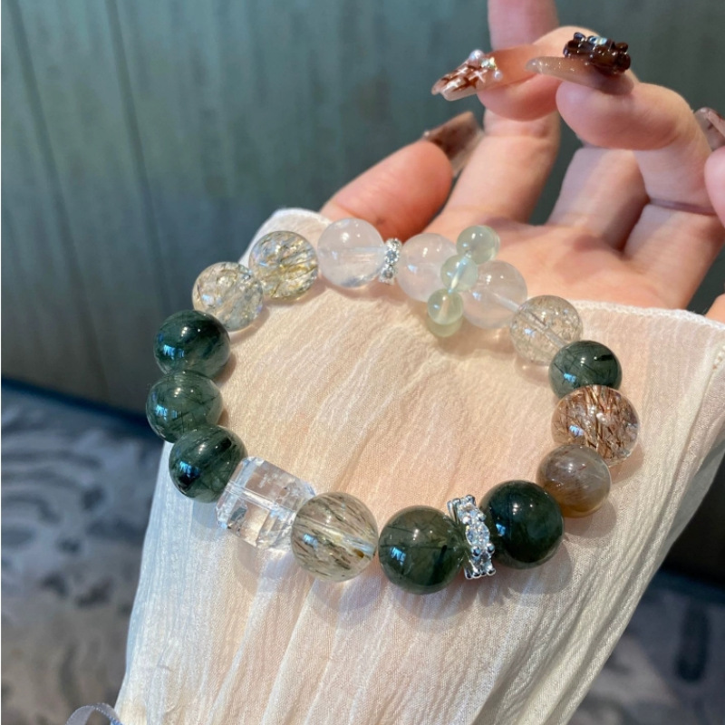 天然绿发晶黑金超白幽灵白水晶方糖手串葡萄石招财喜金水木女详情43