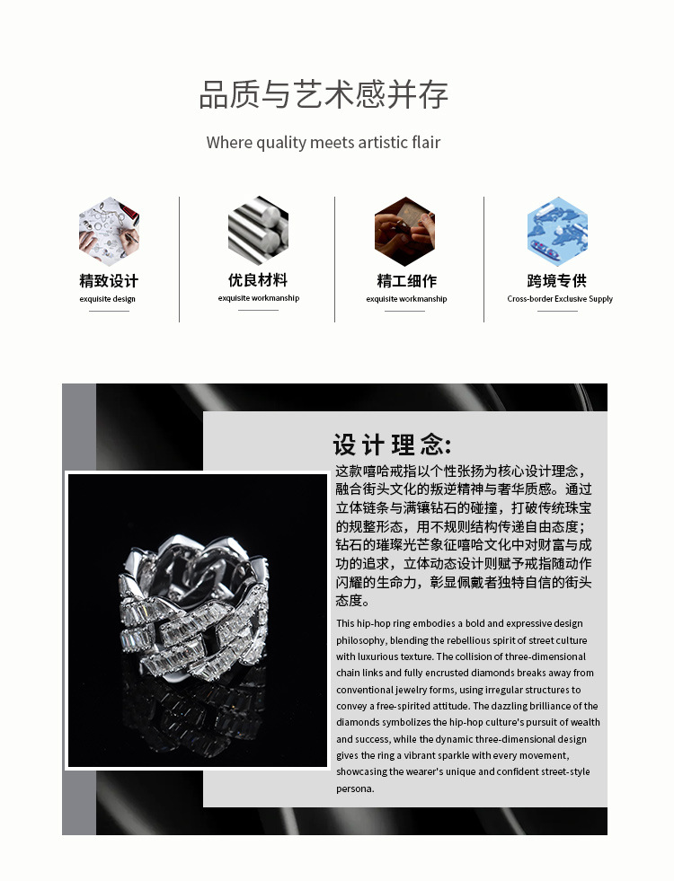 欧美跨境新款莫桑石菱形戒指嘻哈时尚款D色VVS莫桑石满镶指环批发详情2