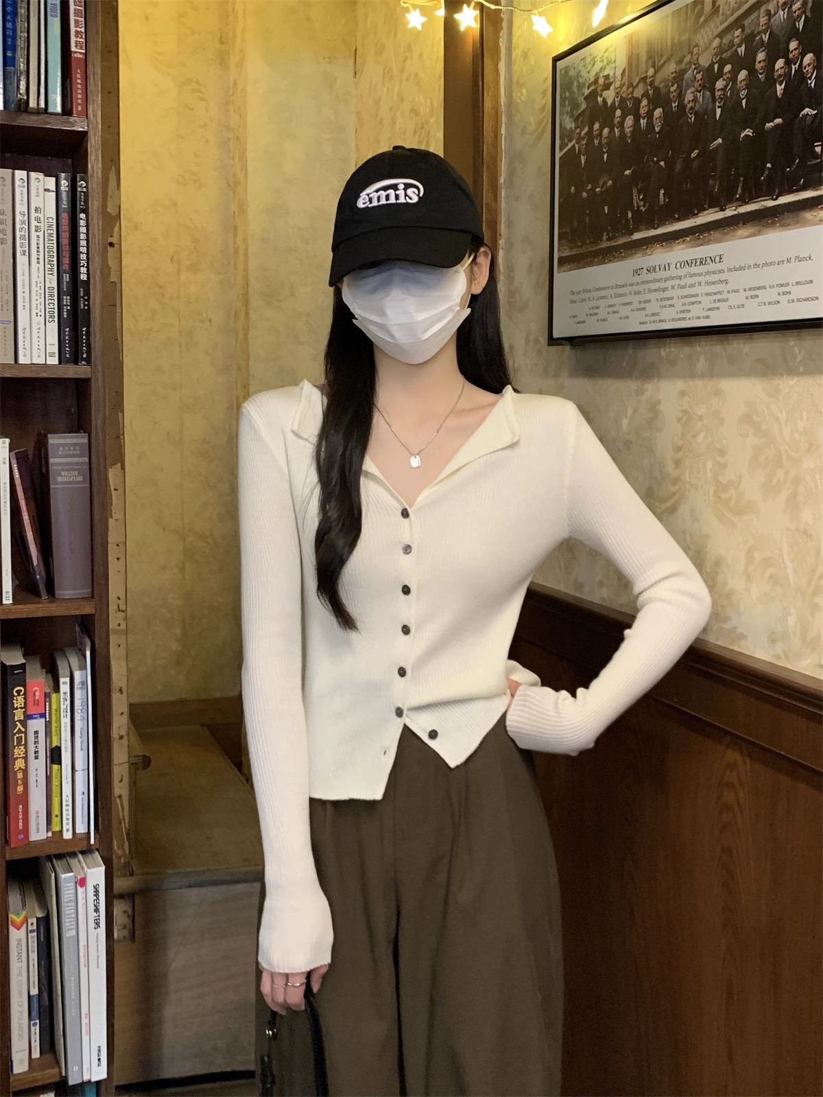 法式翻领长袖针织开衫女秋季2024新款小众设计感修身打底短款上衣详情3