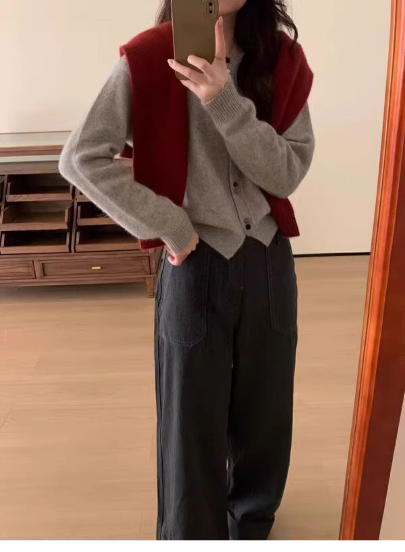 新年红色圆领针织开衫外套女秋冬慵懒风加厚毛衣宽松短款上衣外穿详情8
