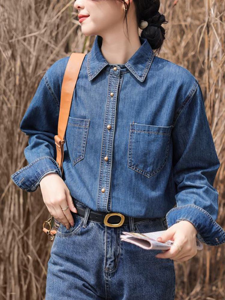 牛仔衬衫女2024春秋新款百搭蓝色韩版时尚休闲宽松翻领大码衬衣详情9