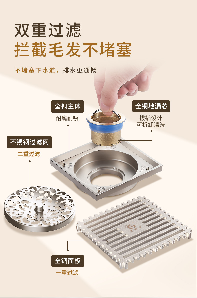 Old Coppersmith pure copper floor drain, cream wind large flow volume floor drain, washing machine, bathroom, shower, all-copper floor drain, anti-odor pic 9