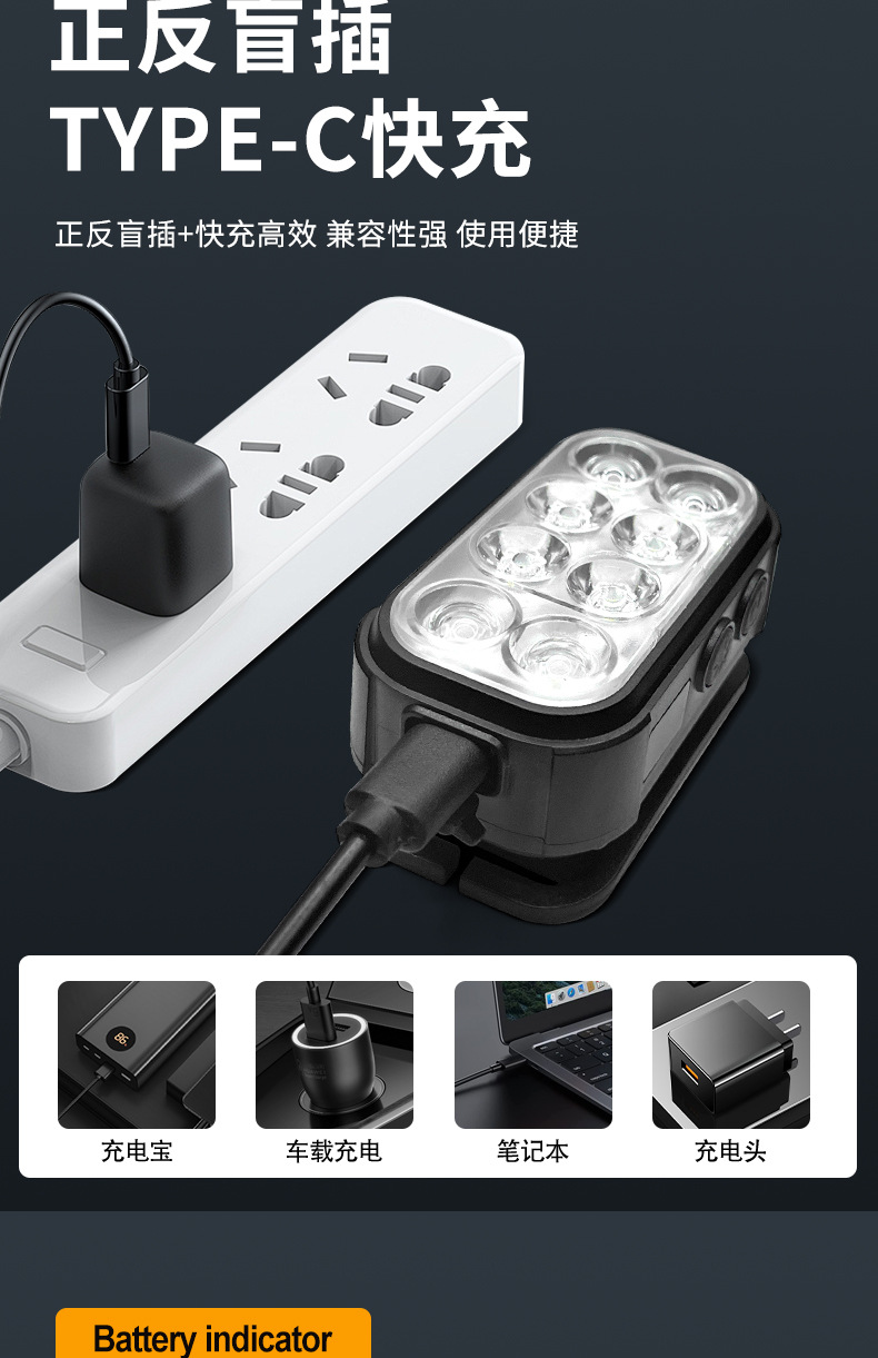 The new cross-border Type-C charging multi-functional LED sensor headlamp is an outdoor portable red and white dual-light mini headlamp pic 6