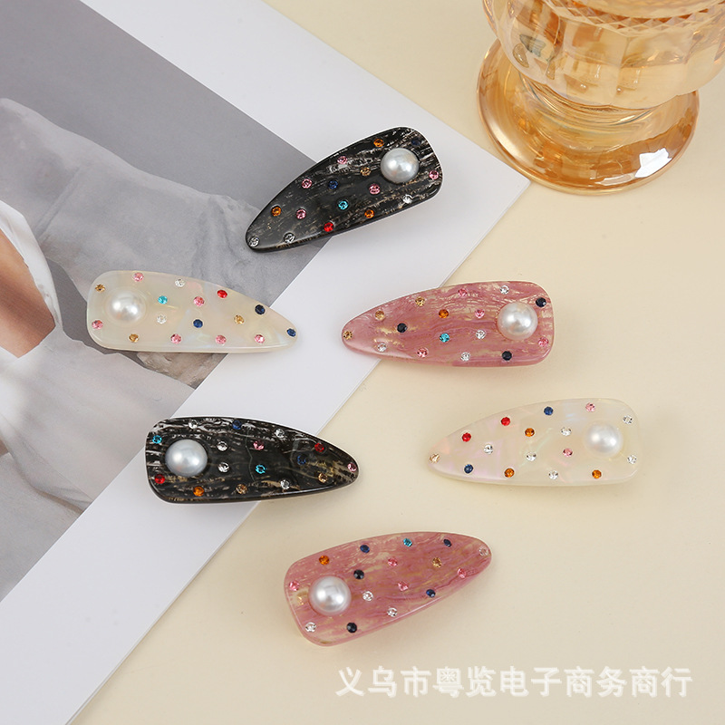 韩式醋酸板材鸭嘴夹高级感镶钻侧边夹百搭马尾夹懒人刘海夹子批发详情1