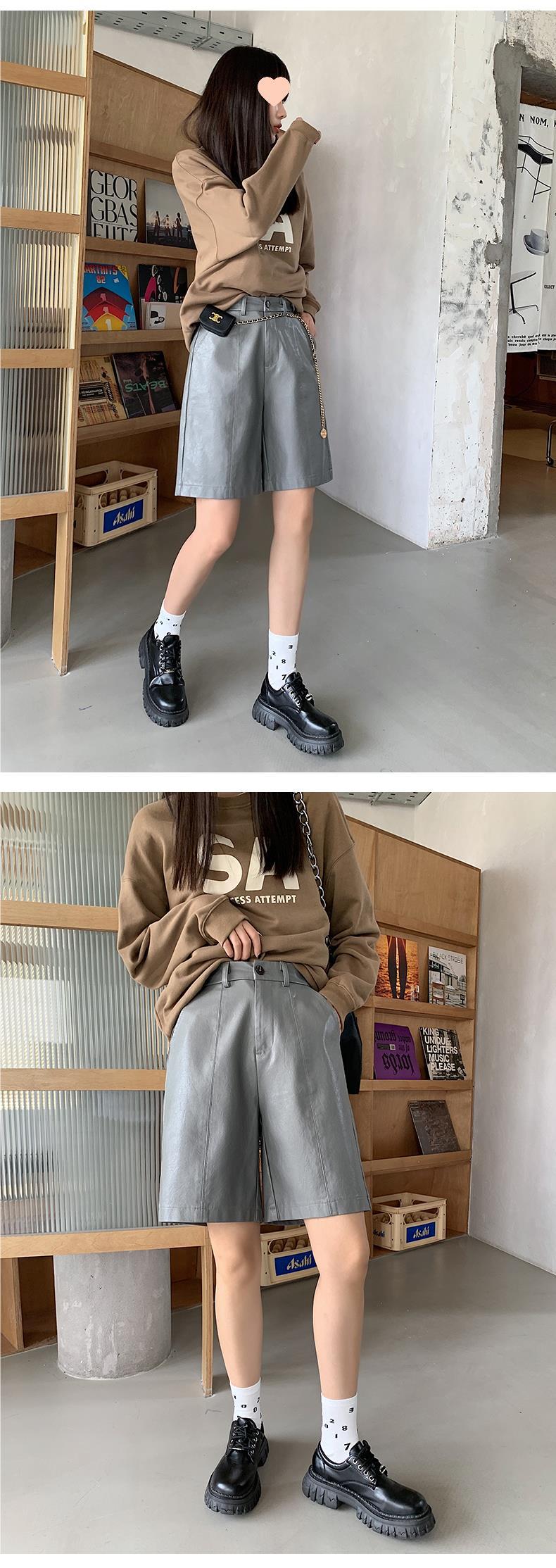 黑色pu皮短裤女春秋2024新款外穿a字高腰阔腿皮裤宽松直筒五分裤详情12