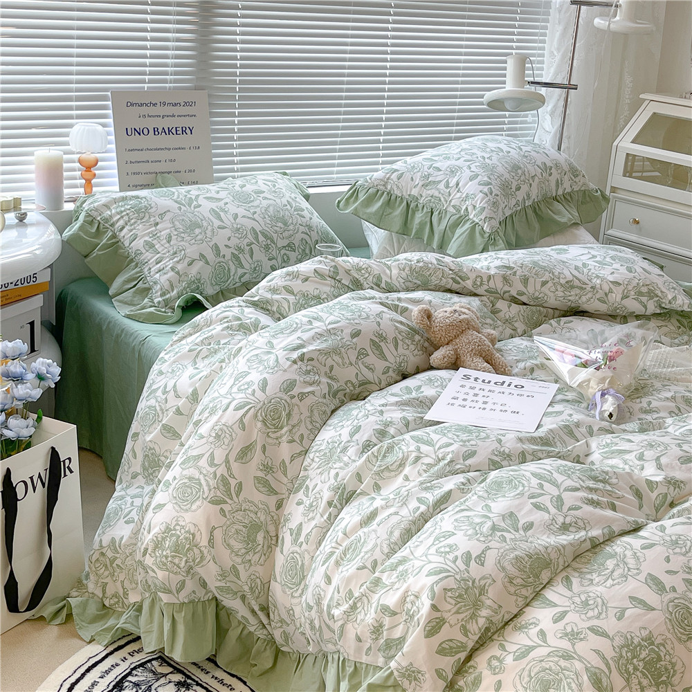 French Hepburn style pure cotton four-piece set, high-end feel, pure cotton black and white sketch flower duvet cover, all-cotton edge bedding pic 57