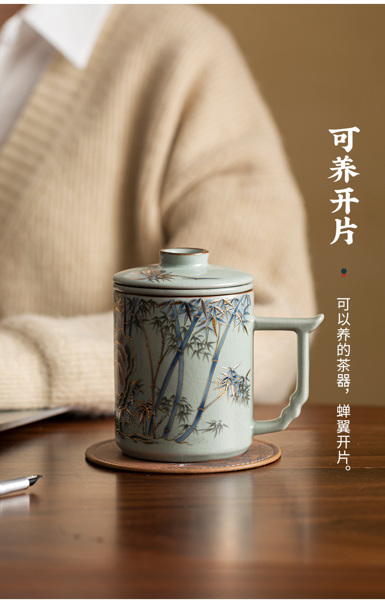 Rongshantang Gilded Ru Kiln office cup, Ceramic belt filter Ru Kiln tea cup, tea-water separation business conference tea cup pic 9