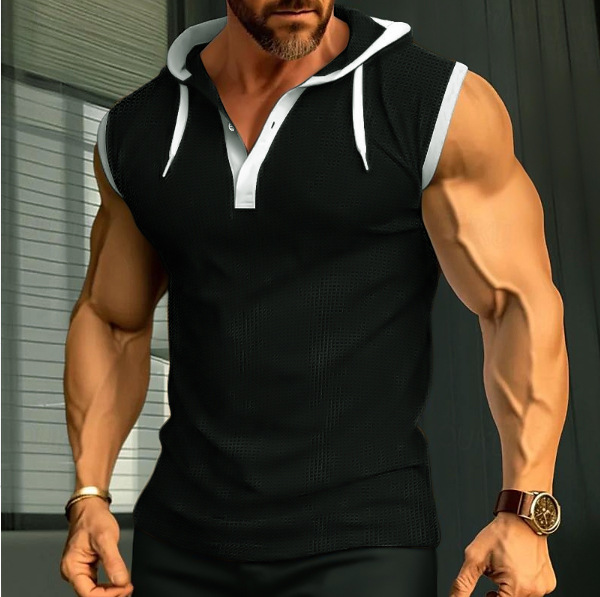 欧美跨境亚马逊2025夏新款男士背心重磅连帽坎肩潮牌休闲无袖T恤详情4