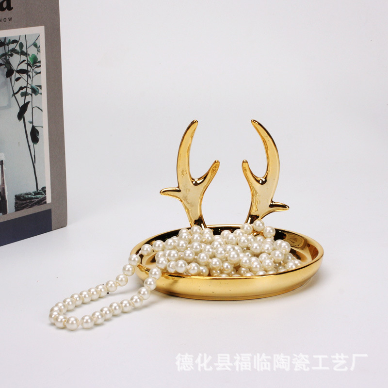 Nordic gold-plated ceramic handicrafts, gift jewelry plates, rings, watches, home storage plates, golden deer animal ornaments pic 54
