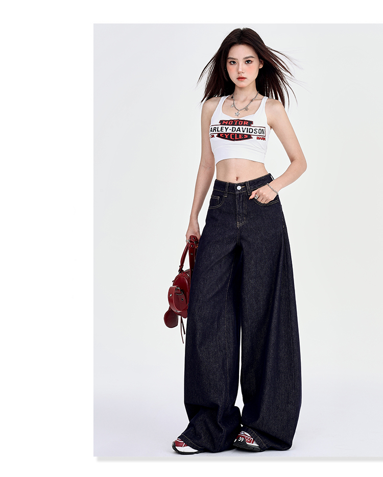 深蓝美式宽松阔腿牛仔裤女2025年夏季新款垂感慵懒休闲拖地直详情18