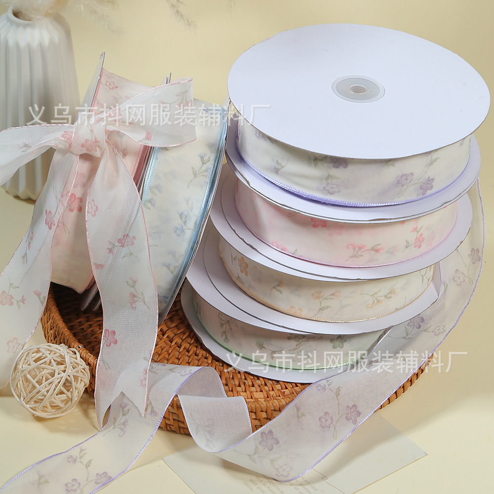 4cm transparent snow gauze ribbon hair accessory DIY bow flower material gift box packaging small floral printed ribbon wholesale pic 2