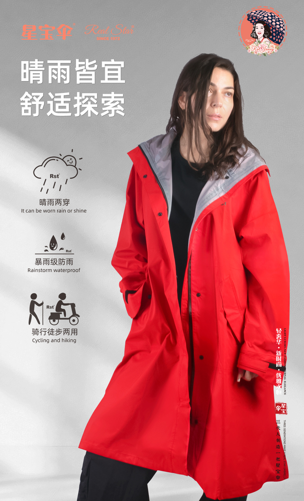 欧美日韩雨衣三层复合长款风衣加厚防水防风男女通用款式连体雨衣详情2