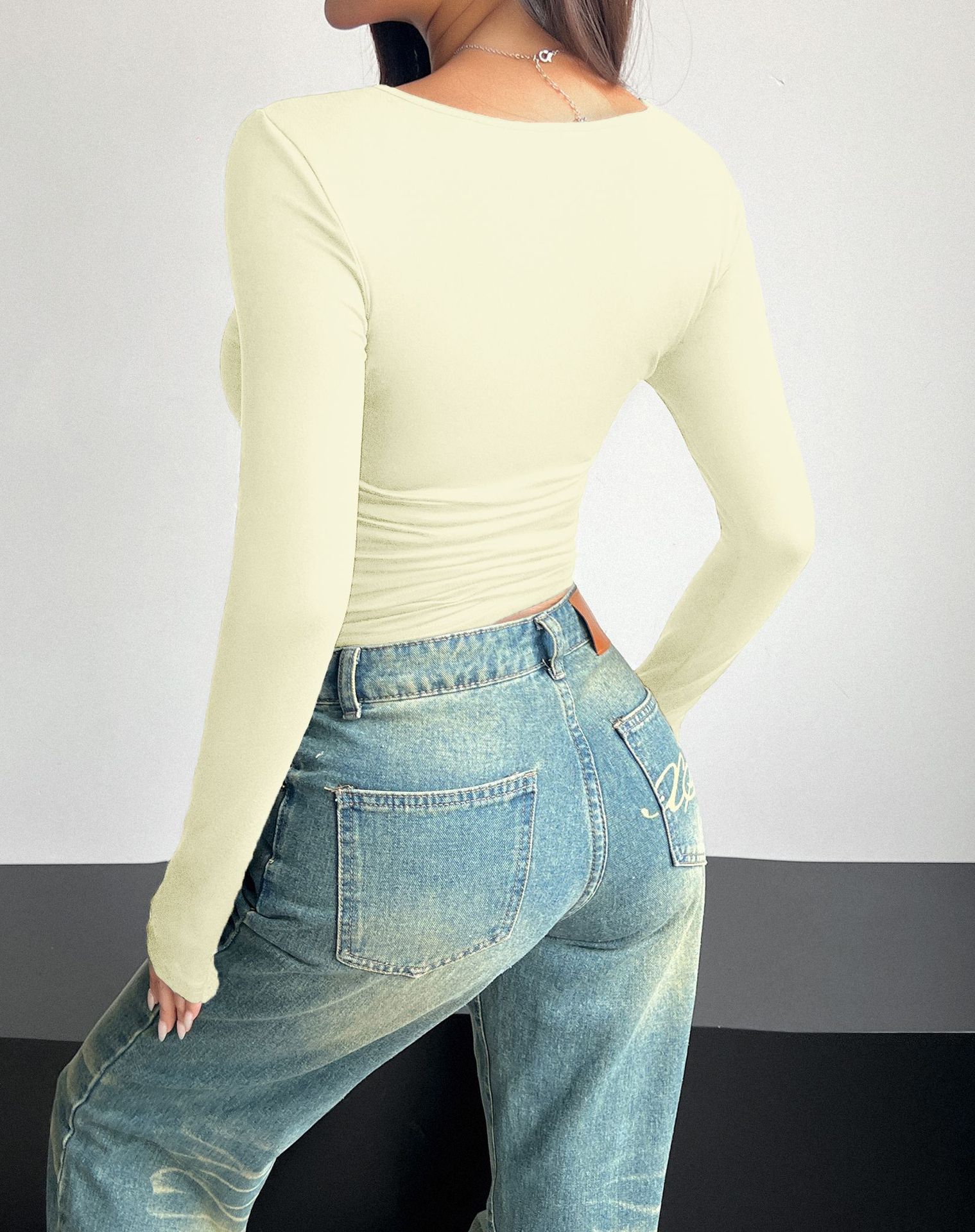 Diyun Cross-border European and American 2024 Spring/Summer Y2K new square-neck long-sleeved pullovers tight casual fashion top for women pic 82