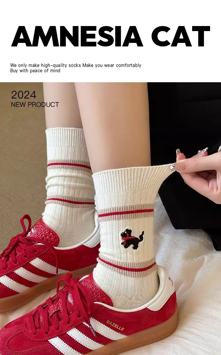袜子女棉袜早秋冬季白袜子条纹中筒袜可爱小狗YIN印花学院风长筒详情1