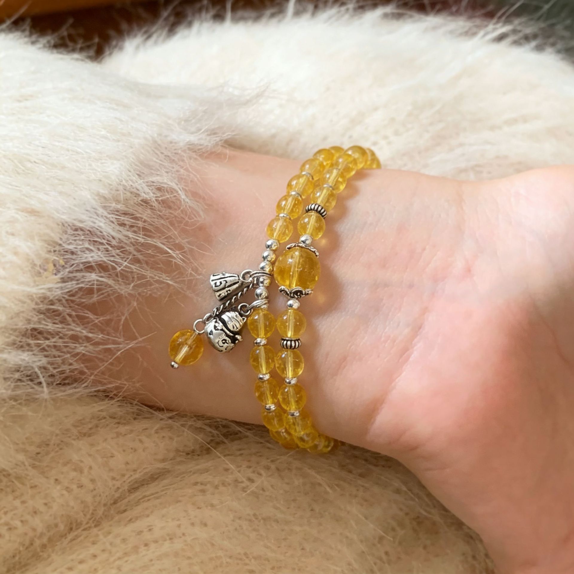 S925 sterling silver yellow crystal retro Maneki Neko double-loop bracelet for women, an Instagram niche design for attracting wealth pic 5