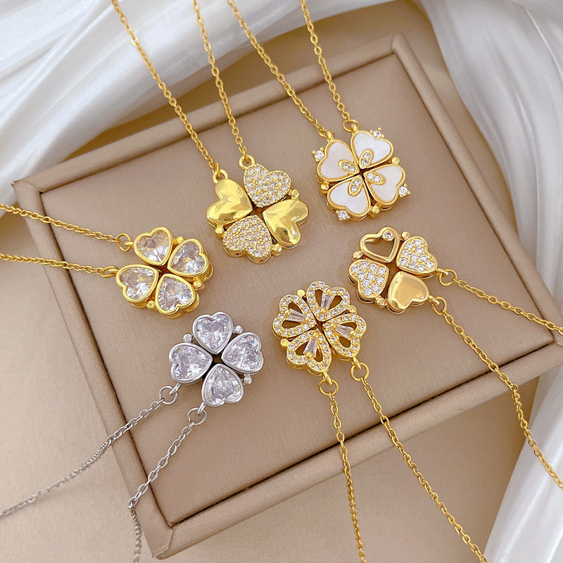 【钛钢】项链女新款一款两戴心连心开合四叶花满钻百搭锁骨链钛钢详情3