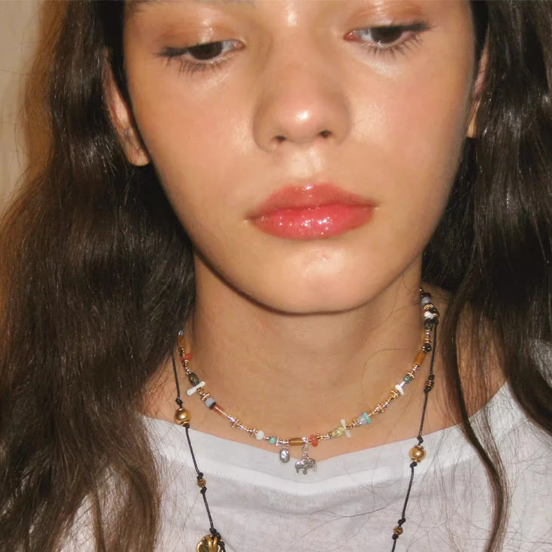 天然石混石小象项链女小众时尚高级感彩色串珠银色大象吊坠锁骨链详情4