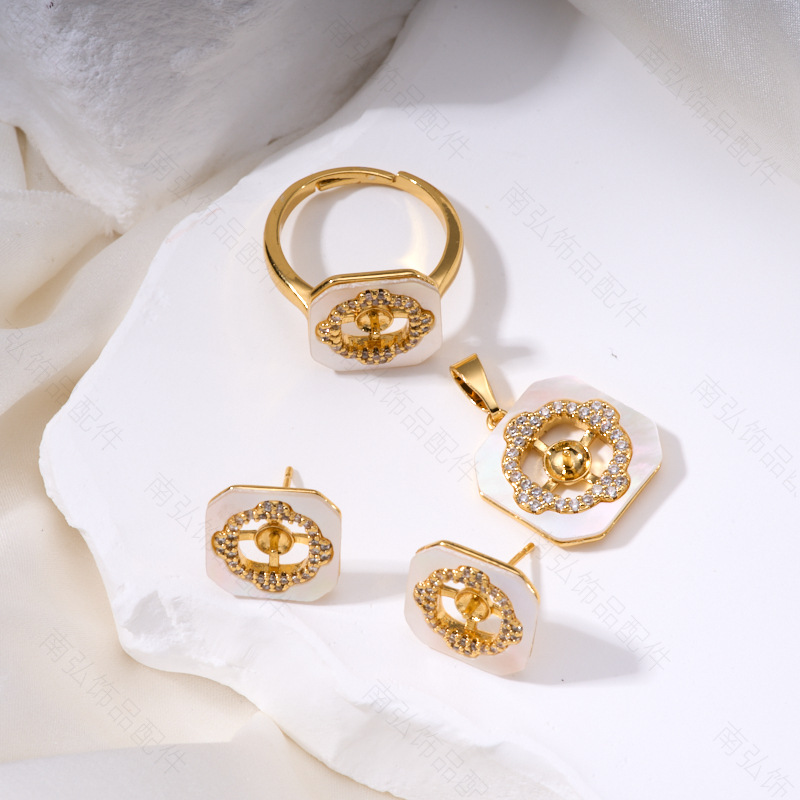 Pearl ring, earneedle pendant, three-piece set, empty stand, square, retro and fashionable design, DIY light luxury tulip pic 9