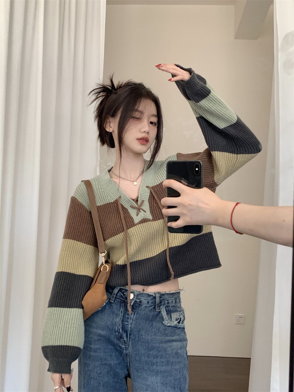 条纹撞色系带针织毛衣女2025春秋新款设计感翻领复古辣妹长袖上衣详情7