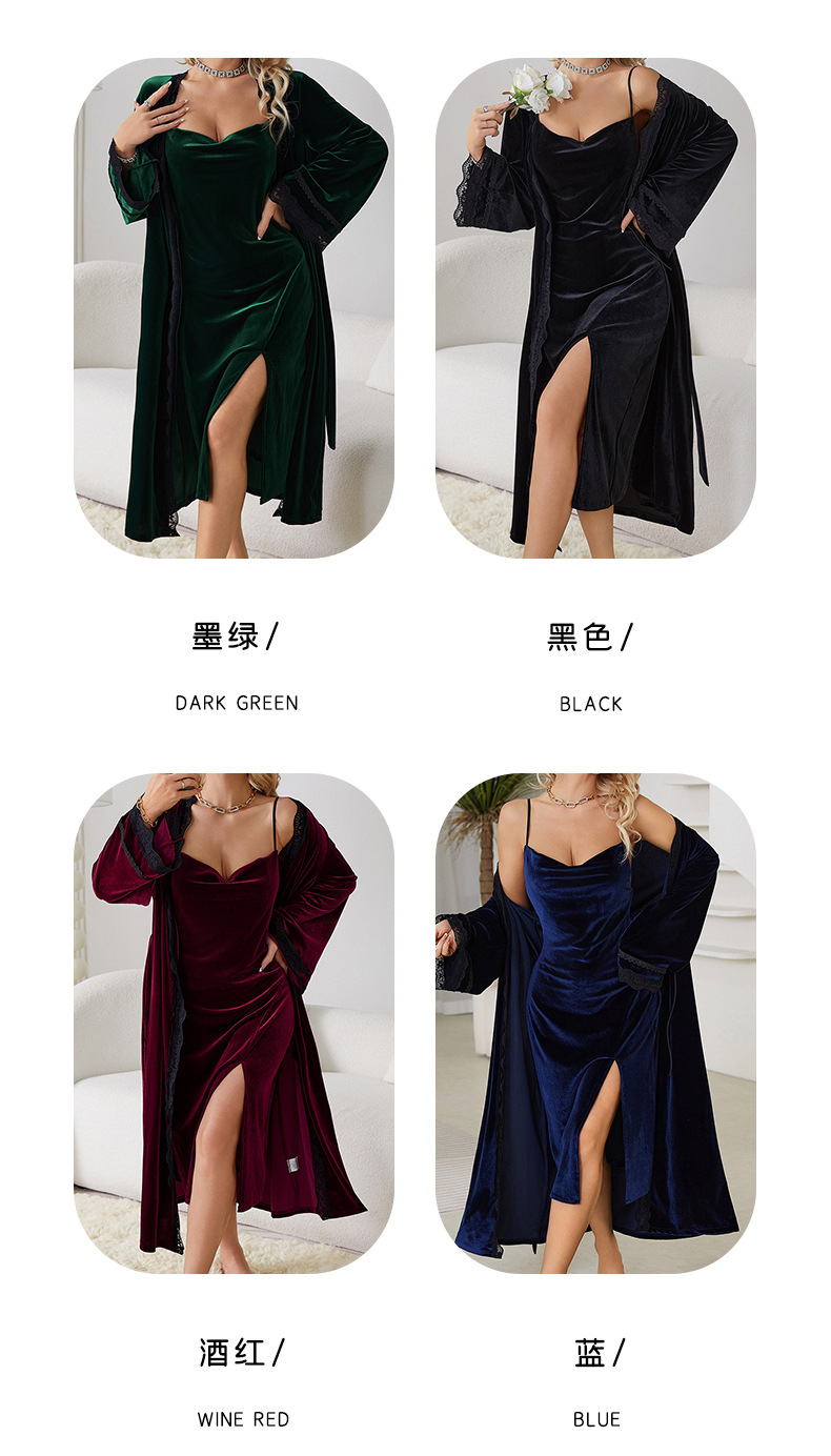 Feiyun European and American style sexy slit pure backless velvet sweet nightgown Simple outer robe Home set 651 pic 2