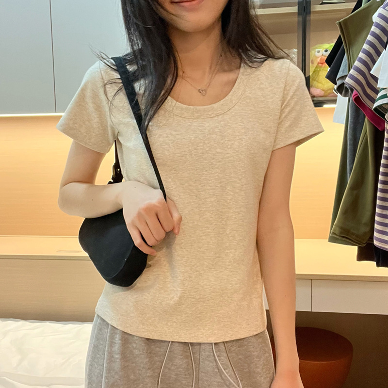 【高品质纯棉】u领收腰正肩显瘦大领口修身短袖T恤女打底衫上衣夏详情19
