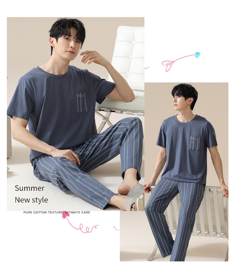 Summer pure cotton pajamas for men, cartoon casual short-sleeved shirts and long pants, pure cotton comfortable home wear, summer youth student set pic 163