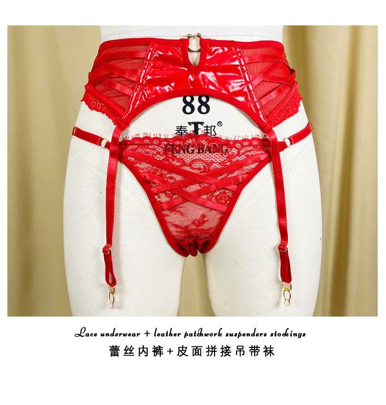 Red lace patchwork underwear three-piece set, memory soft steel ring sexy bra, underpants and garter set JR069 pic 7